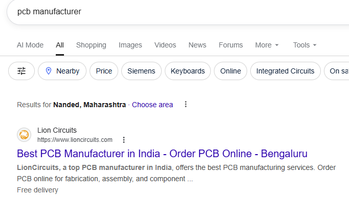 LION Circuits Google SERP — ranking for pcb manufacturer